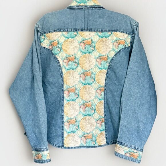 Riders Tops - Rider Shirt Womens XL Western Cowboy Rodeo Denim Button Up Map Inserts